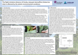 Research Outcome: (Poster) The flight initiation distance of Smoky rubyspot damselflies (Hataerina titia) is affected by the abiotic environmental conditions