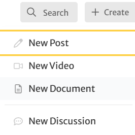 A view of the top, right-hand corner of the Community, with the add tab selected and highlighted by a red rectangle. A drop down menu showing options to create a post is displayed, with 'New Post' highlighted by a red rectangle.
