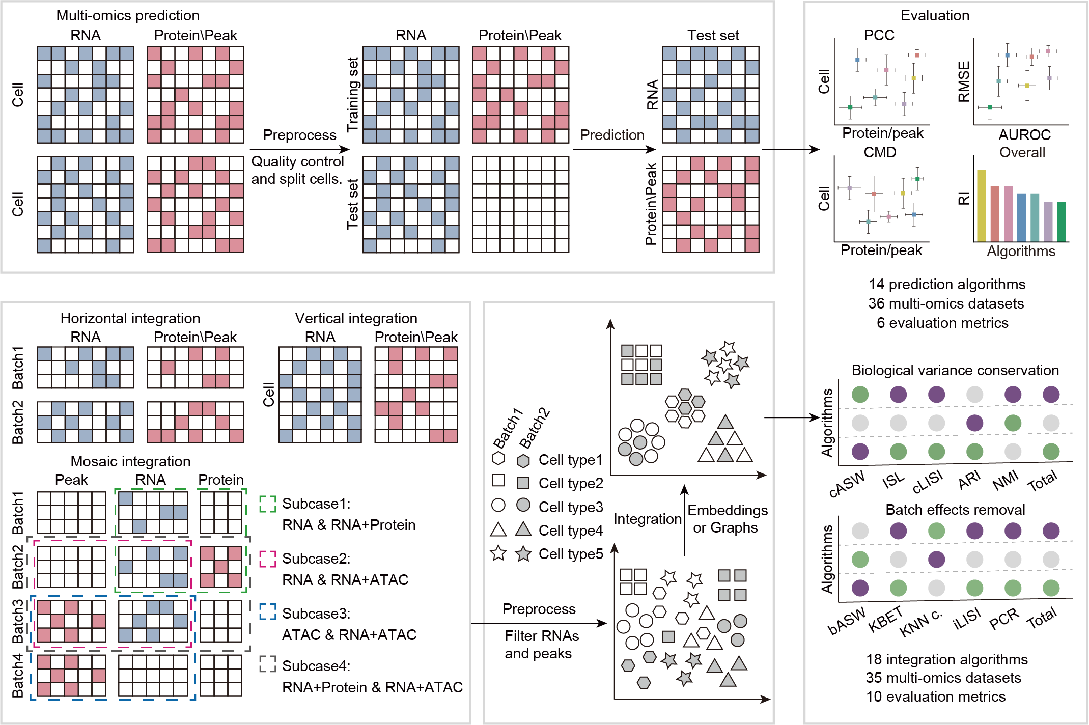 Benchmarking workflow for fourteen multi-omics prediction algorithms and eighteen multi-omics integration algorithms, including eleven algorithms that can predict protein abundance, nine algorithms that can predict chromatin accessibility, fifteen algorithms for vertical integration, nine algorithms for horizontal integration, and eight algorithms for mosaic integration. We adopted six and ten metrics for the multi-omics prediction and integration algorithms, respectively, to evaluate the performance of these algorithms, and we also assessed their robustness and consumed computational resources.