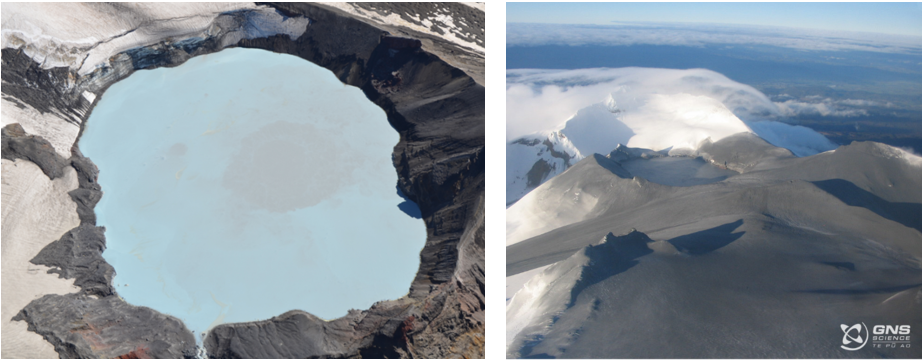 Left: Ruapehu Crater Lake. Right: Ruapehu Crater Lake and summit area covered in volcanic debris after the 2007 eruption. Both images courtesy of GNS Science.