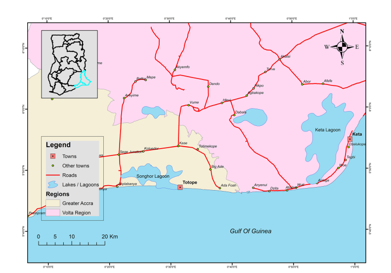 Location of Keta and Totope, Volta region, Ghana.