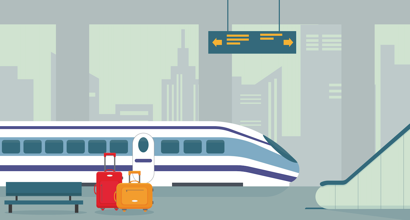 An illustration of a train and two suitcases on the platform