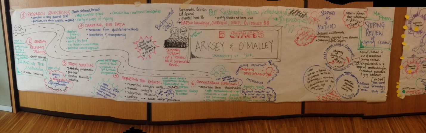 Graphic Facilitation from the Advancing the Field of Scoping Study Methodology International Meeting held in 2015 brainstorming board.