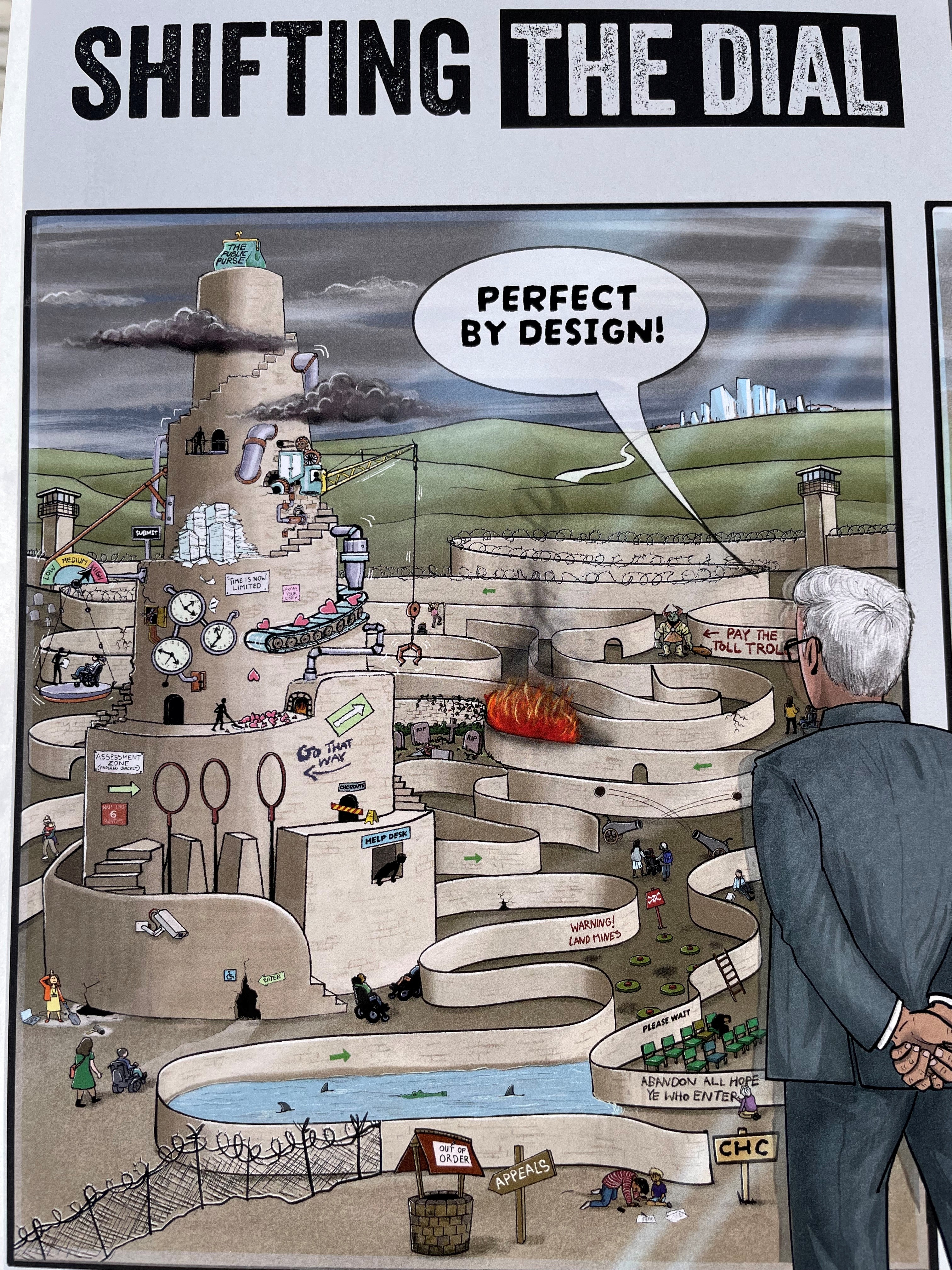 Illustration by Zoe Cox portraying adult social care as a Tower of Babel-style labyrinth. People encounter obstacles, waiting points, dead ends and complex pathways, reflecting the challenges of navigating social care and the need for better support and system change.