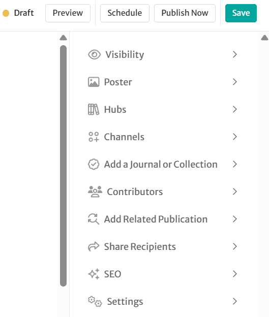 The different tabs available on the 'New Video’ page: Thumbnail, Captions, Journal, Channels, Contributors, Article link, Settings and Settings.