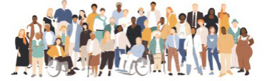 SSCR Programme Illustration of a large and diverse group of people standing and seated together, including wheelchair users, representing an inclusive conference community. 