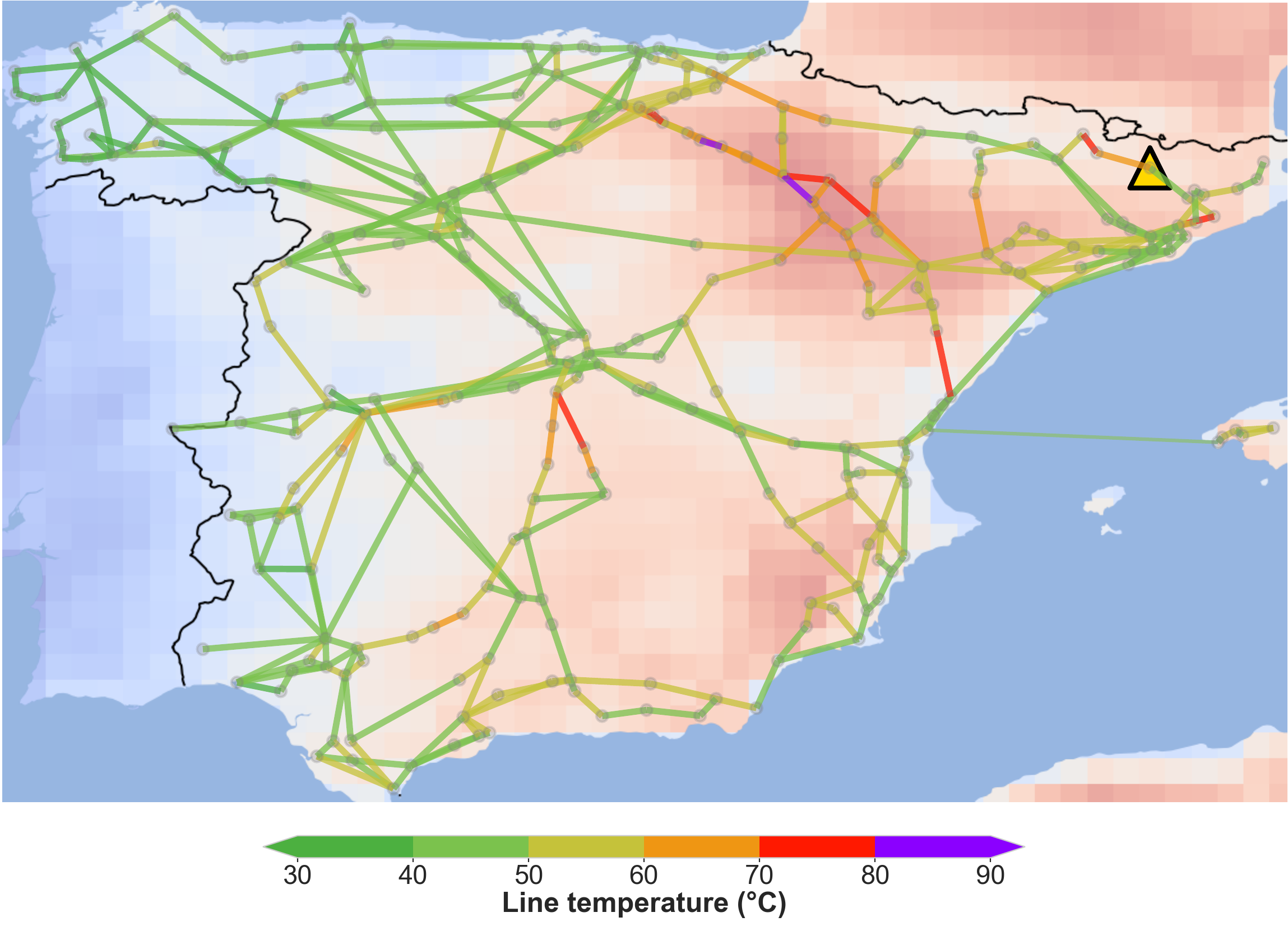 Map of Spain’s high-voltage transmission network, with each line coloured by its simulated temperature on a scale from 30°C to 90°C. Most lines are green, but red and purple lines cluster in several regions, showing where lines are at or near their limit. A yellow triangle marks a region where demand was cut.