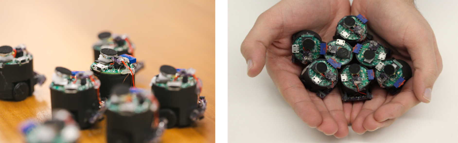 Two figures. On the left, the acoustic swarm on a table. On the right, a person holding the acoustic swarm.