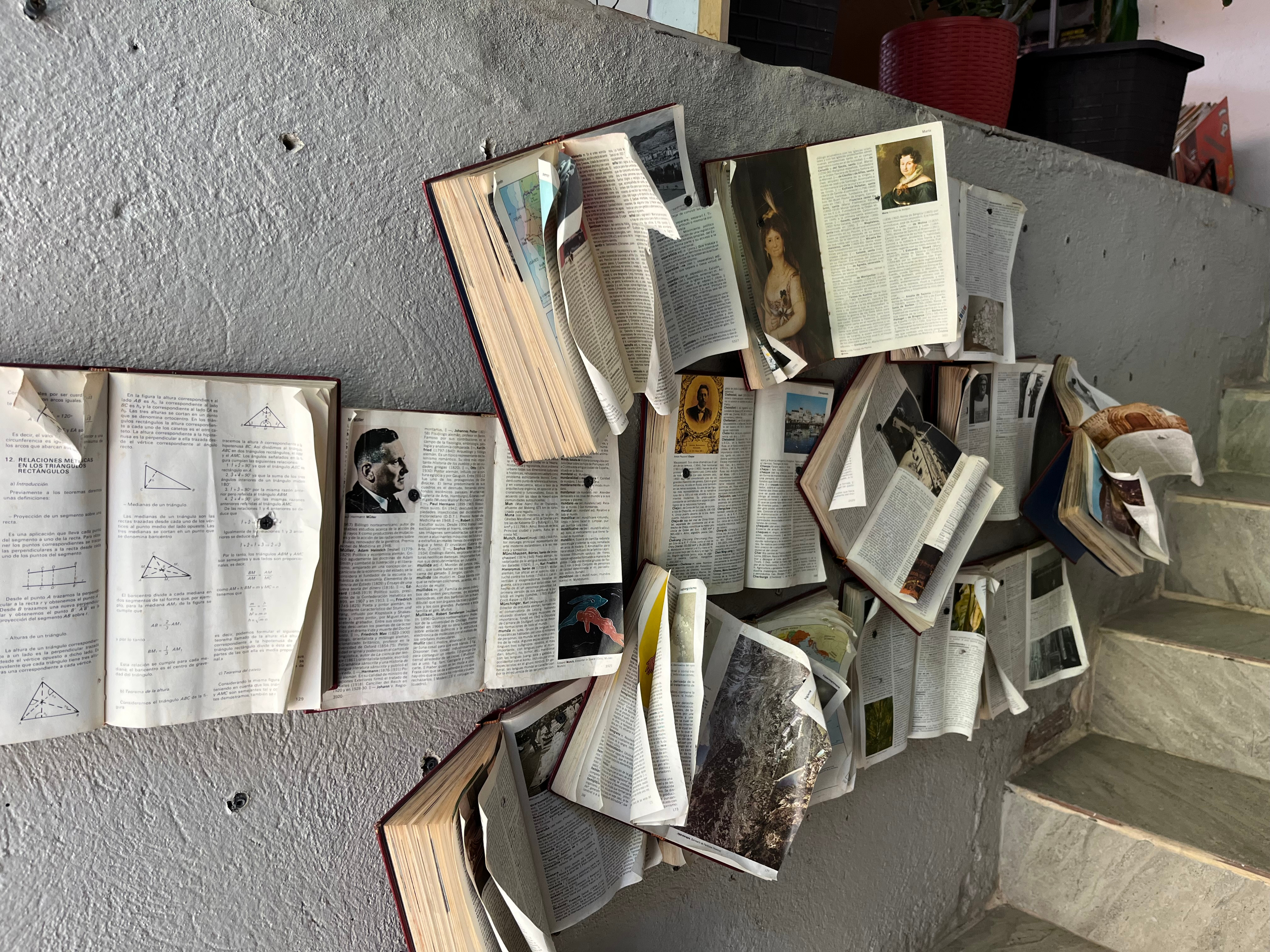 books used as decor at the entrance to SORA!