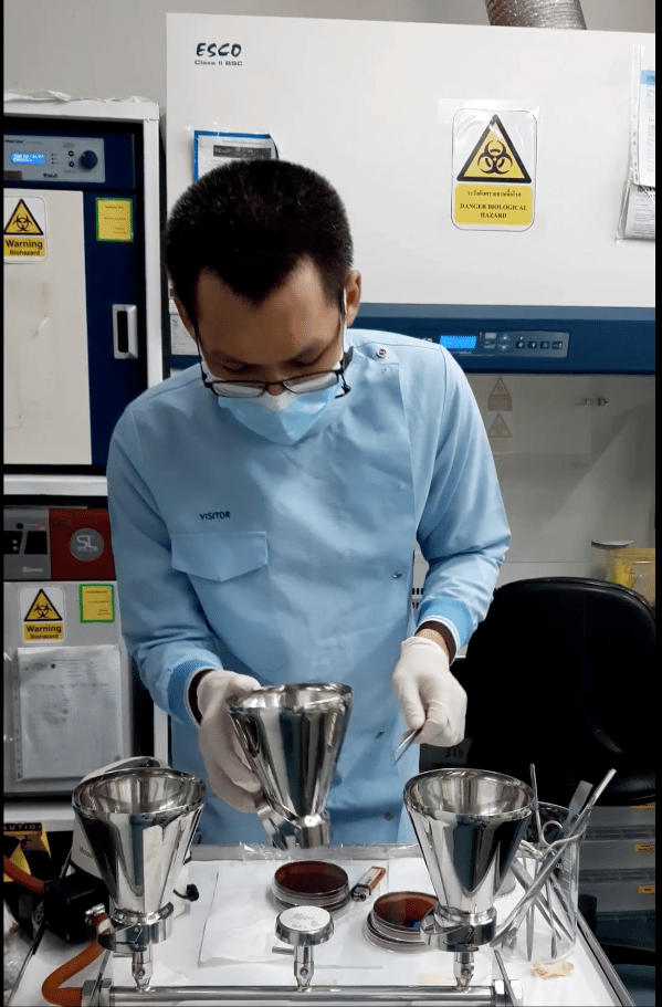 Wet lab in action: the equipment was being set up to filter the water samples collected from patients’ households. 