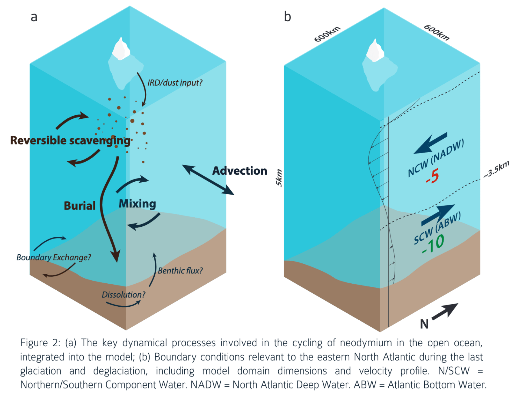Figure 2: (a) The key dynamical processes involved in the cycling of neodymium in the open ocean, integrated into the model; (b) Boundary conditions relevant to the eastern North Atlantic during the last glaciation and deglaciation, including model domain dimensions and velocity profile. N/SCW = Northern/Southern Component Water. NADW = North Atlantic Deep Water. ABW = Atlantic Bottom Water. Figure 2: (a) The key dynamical processes involved in the cycling of neodymium in the open ocean, integrated into the model; (b) Boundary conditions relevant to the eastern North Atlantic during the last glaciation and deglaciation, including model domain dimensions and velocity profile. N/SCW = Northern/Southern Component Water. NADW = North Atlantic Deep Water. ABW = Atlantic Bottom Water.