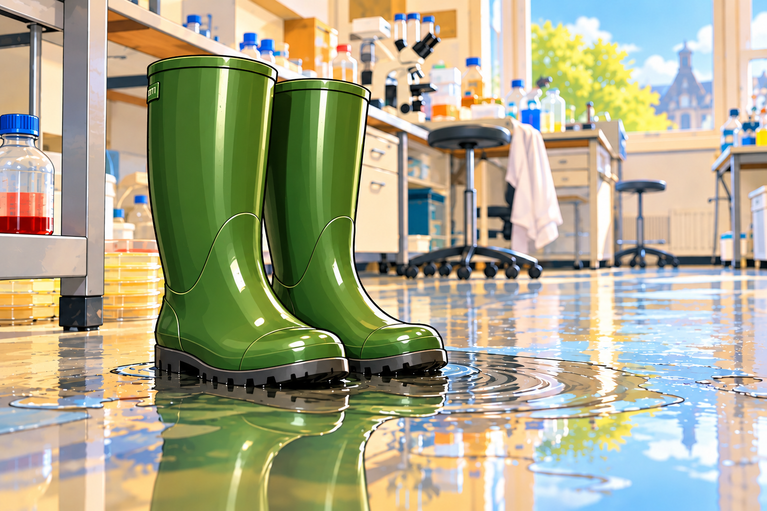 A pair of green Wellington boots standing in a puddle on a laboratory floor