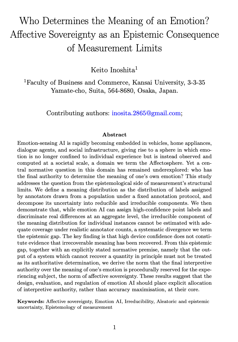 Keito Inoshita’s preprint approaches Affective Sovereignty through the epistemology of measurement, distinguishing high device confidence from the recoverability of individual emotional meaning.
