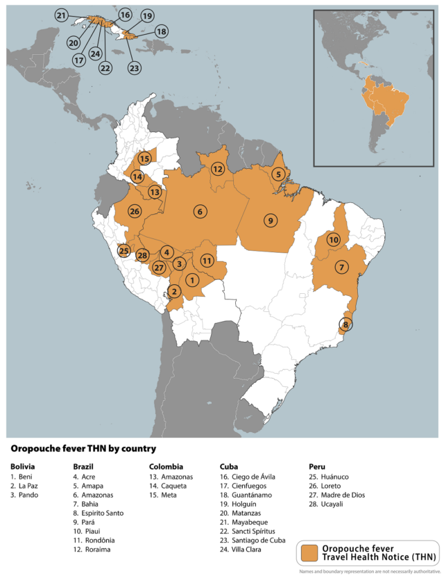   CDC travel health notice for Oropouche fever Centers for Disease Control and Prevention - CDC - https://wwwnc.cdc.gov/travel/notices/level1/oropouche-fever-brazil
