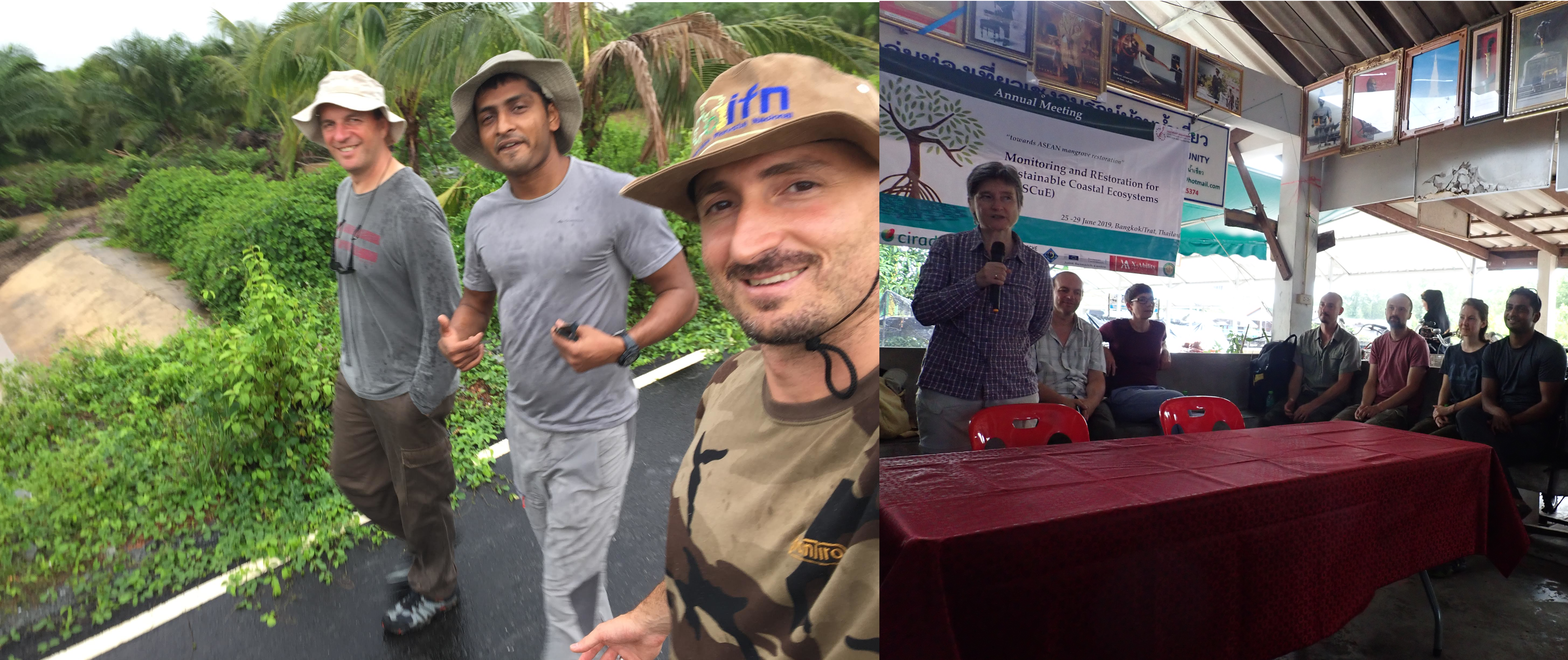Fig. 1. RESCuE founders. Left, from left: Valéry, Uday and Dario during fieldwork. Right: Uta speaking at the RESCuE-1 annual meeting in June 2019. Credit: RESCuE Project Team Thailand.