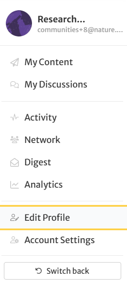 A screen grab showing the drop down menu and a red rectangle highlighting the eighth option: 'Edit Profile'