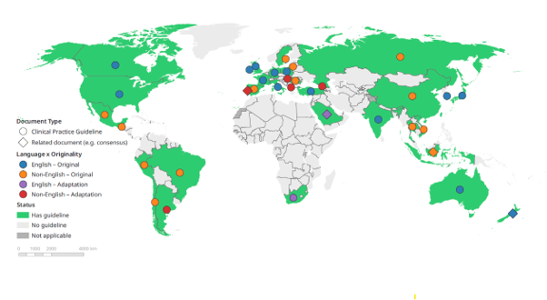 A map of the world with highlighted countries to indicate which areas have guidelines for endometrosis.