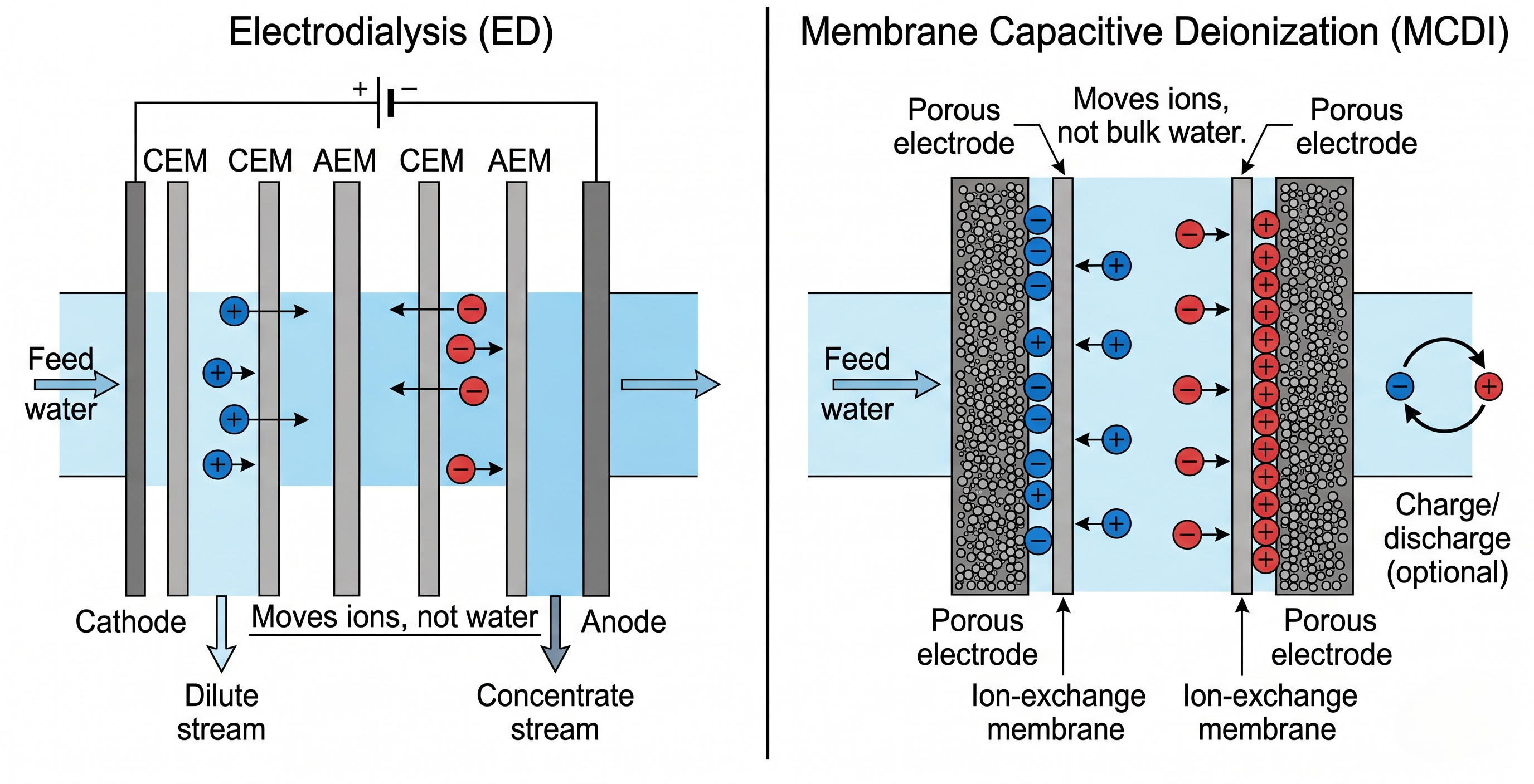 A clear schematic of an ED/MCDI cell showing the "moving ions, not water" concept.