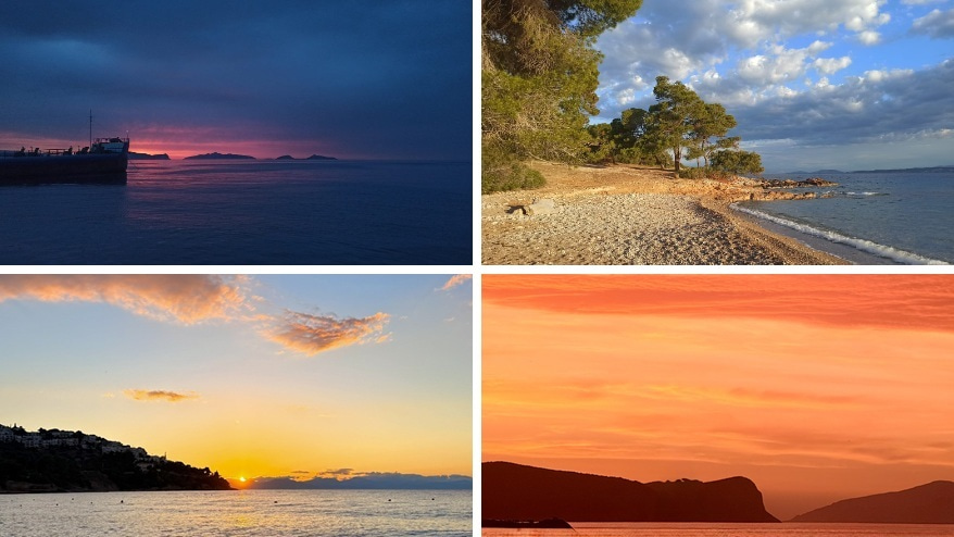 Four photos of Spetses Island locations and sunsets