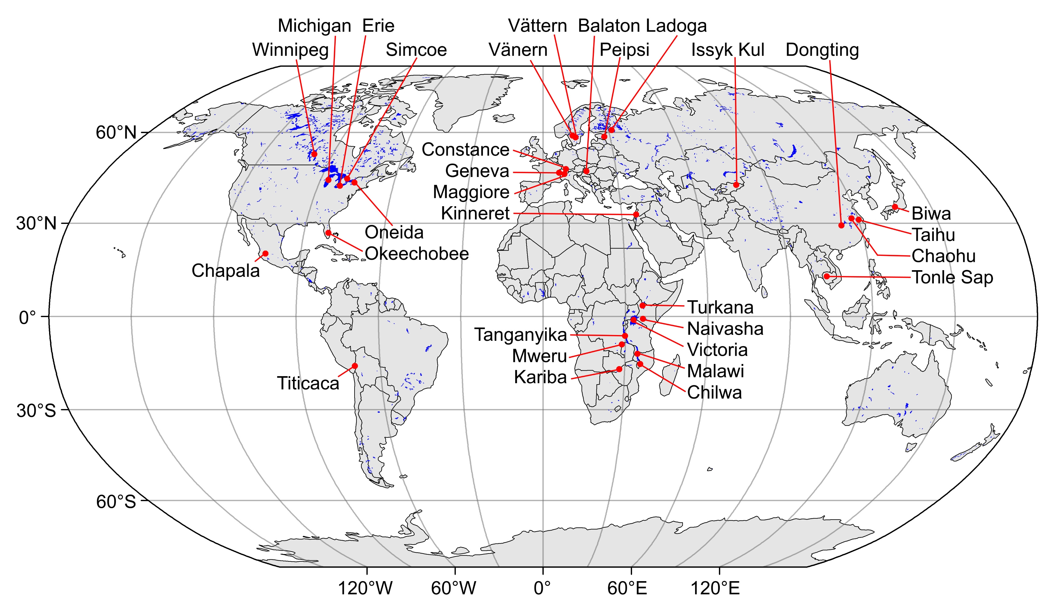 Global distribution of the 31 study lakes. Global distribution of the 31 study lakes.
