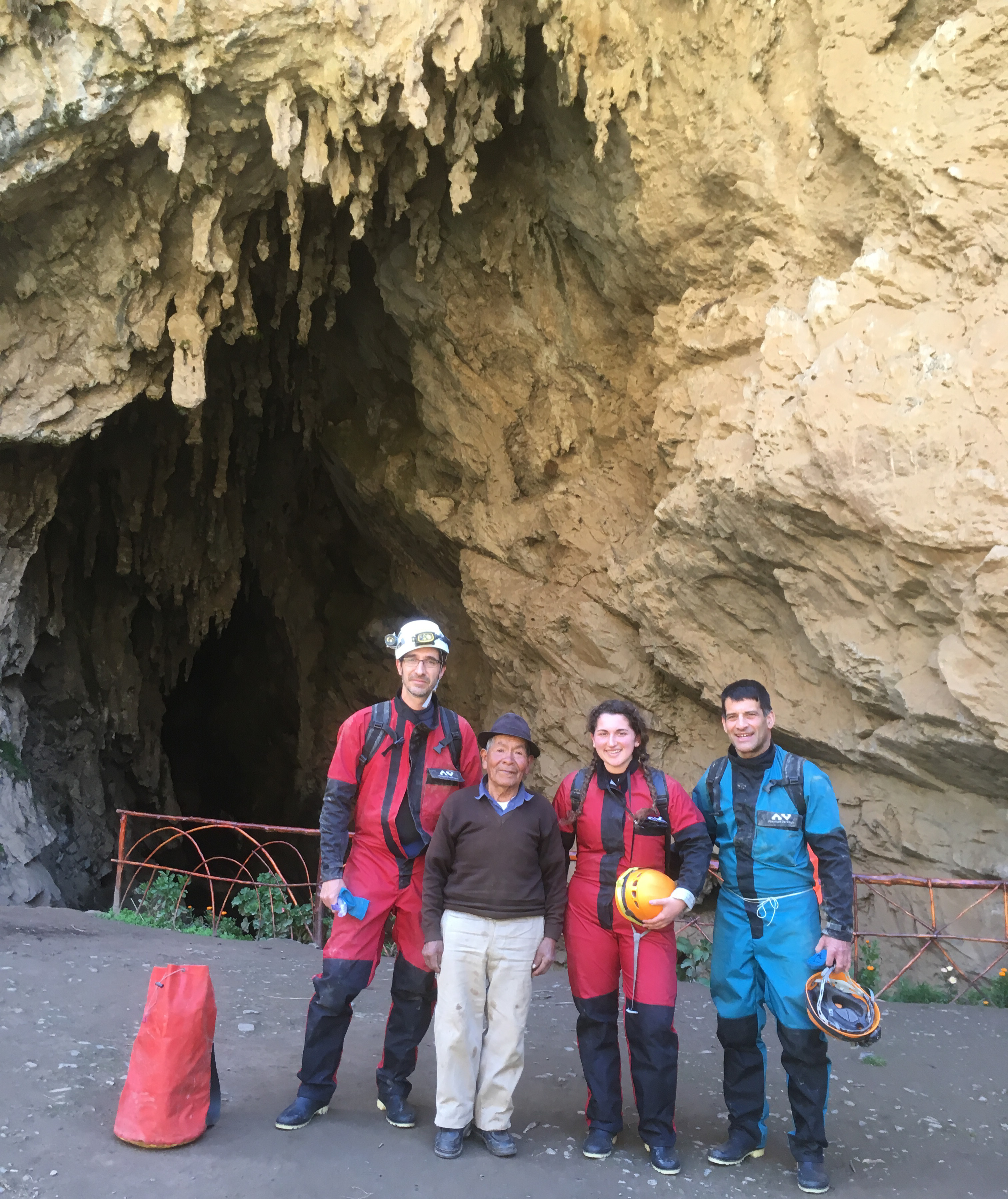 Co-authors David Gillikin, Laura Piccarillo, and Don Rodbell (in cave suits left to right) with Modesto Castro (in brown sweater), the pioneer of Junin region caving and father of co-author Romero Castro.