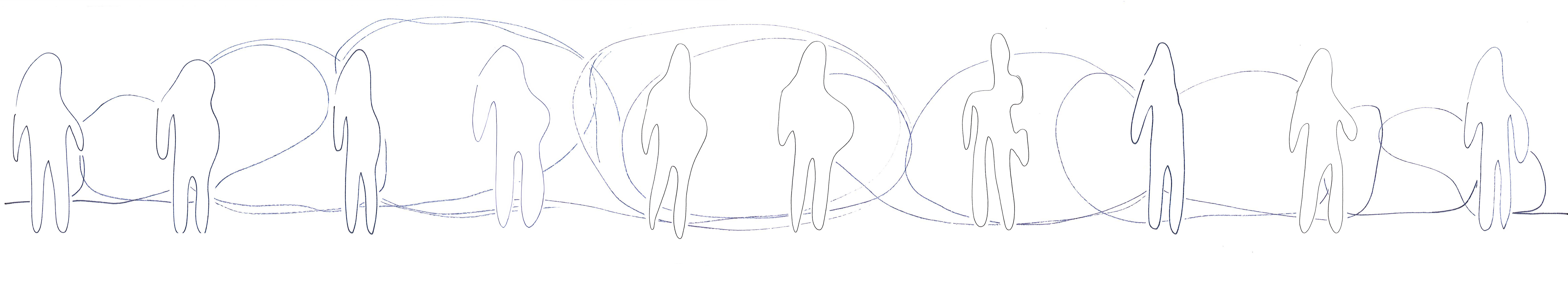 Bubbleverse visualisation through skething, showing a women over time passing through different bubbles, forming a bubbleverse.