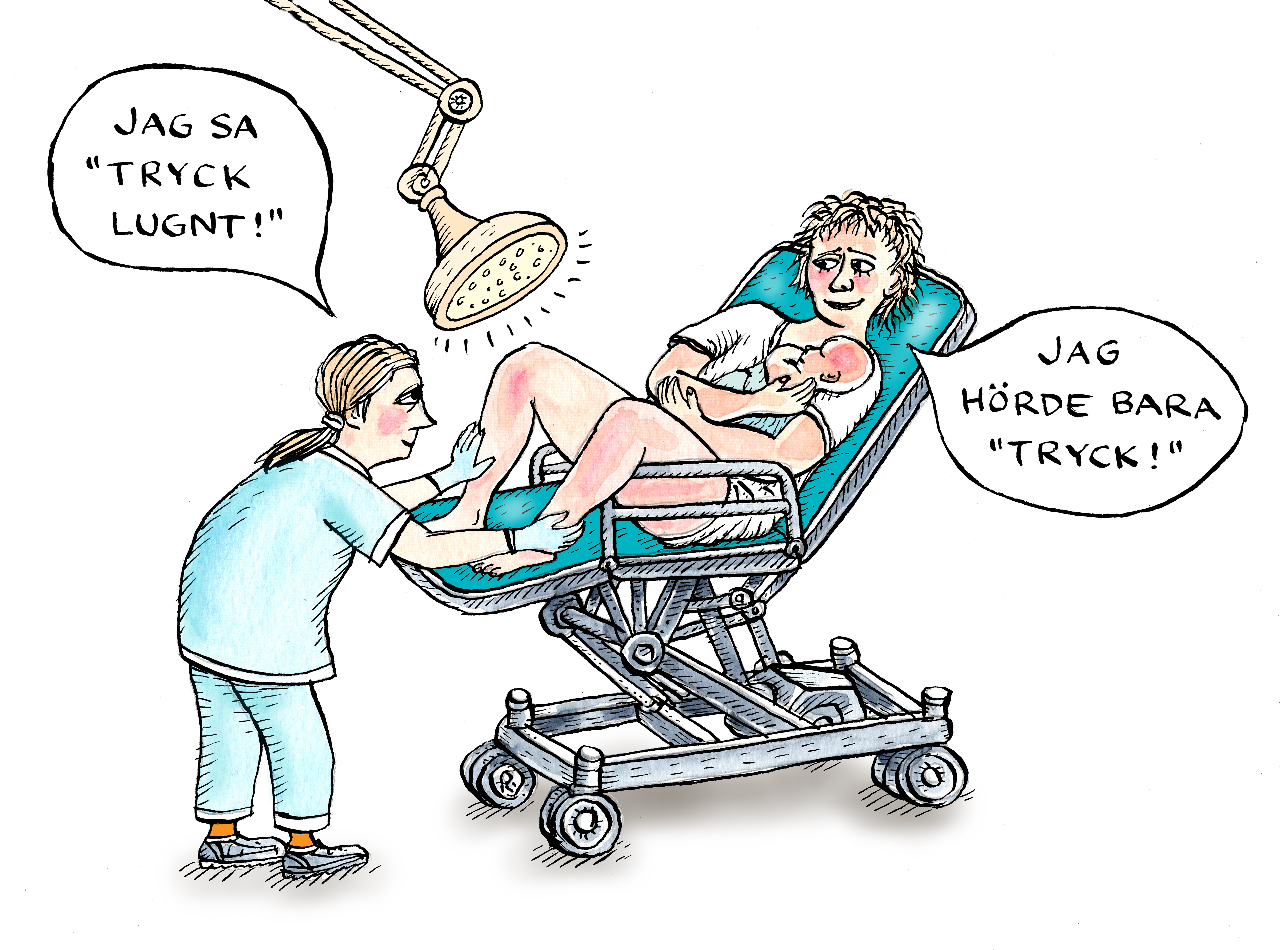 A comic illustration in which a midwife examines a woman’s PF and says, “I told you to push gently!” The woman holding her newborn baby in her arms replies, “I only heard push!”. ©illustration by Robert Nyberg, composition and idea development by the first author