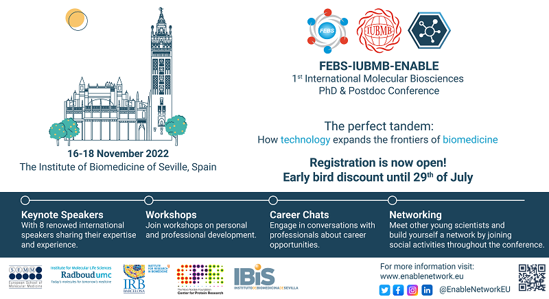 Registration banner for the FEBS-IUBMB-ENABLE 2022 event in Seville, Spain