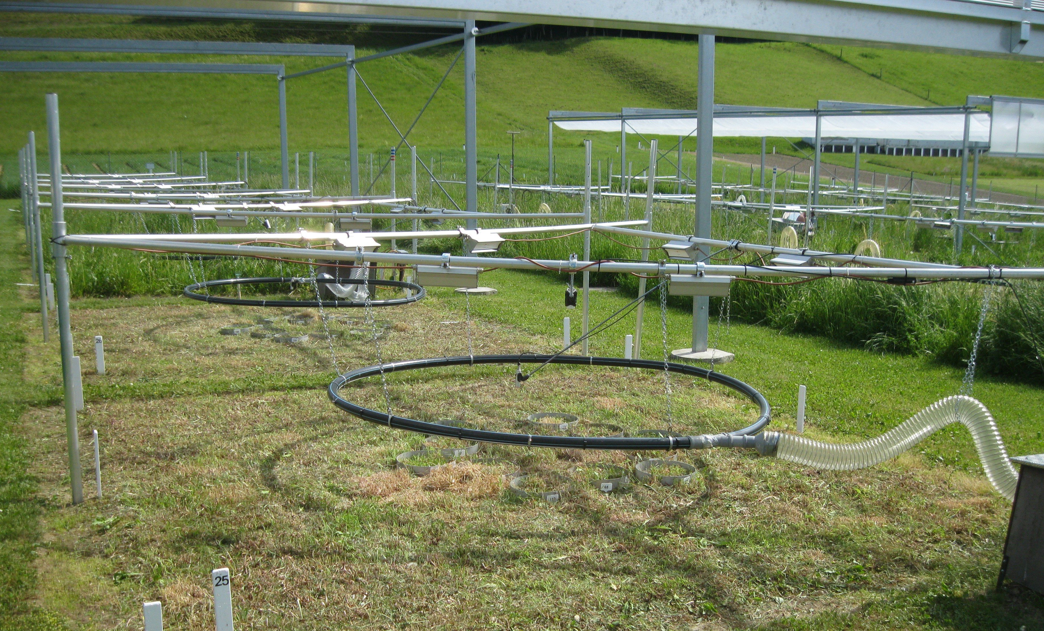 Picture of the ClimGrass site showing the climate change manipulations (CO2 fumigation, infrared heaters and rain out shelters).