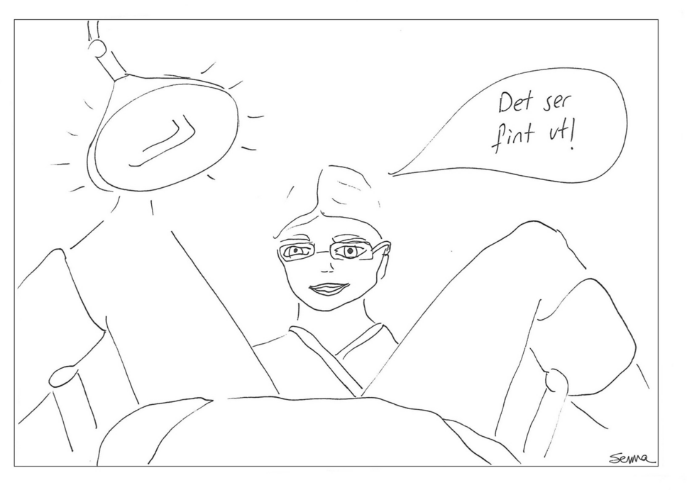 A comic illustration from a gynaecological examination room from the participant’s perspective. The participant’s legs are wide open, and the doctor is between the legs, saying, “It looks fine”. ©illustration, composition and idea development by the first author