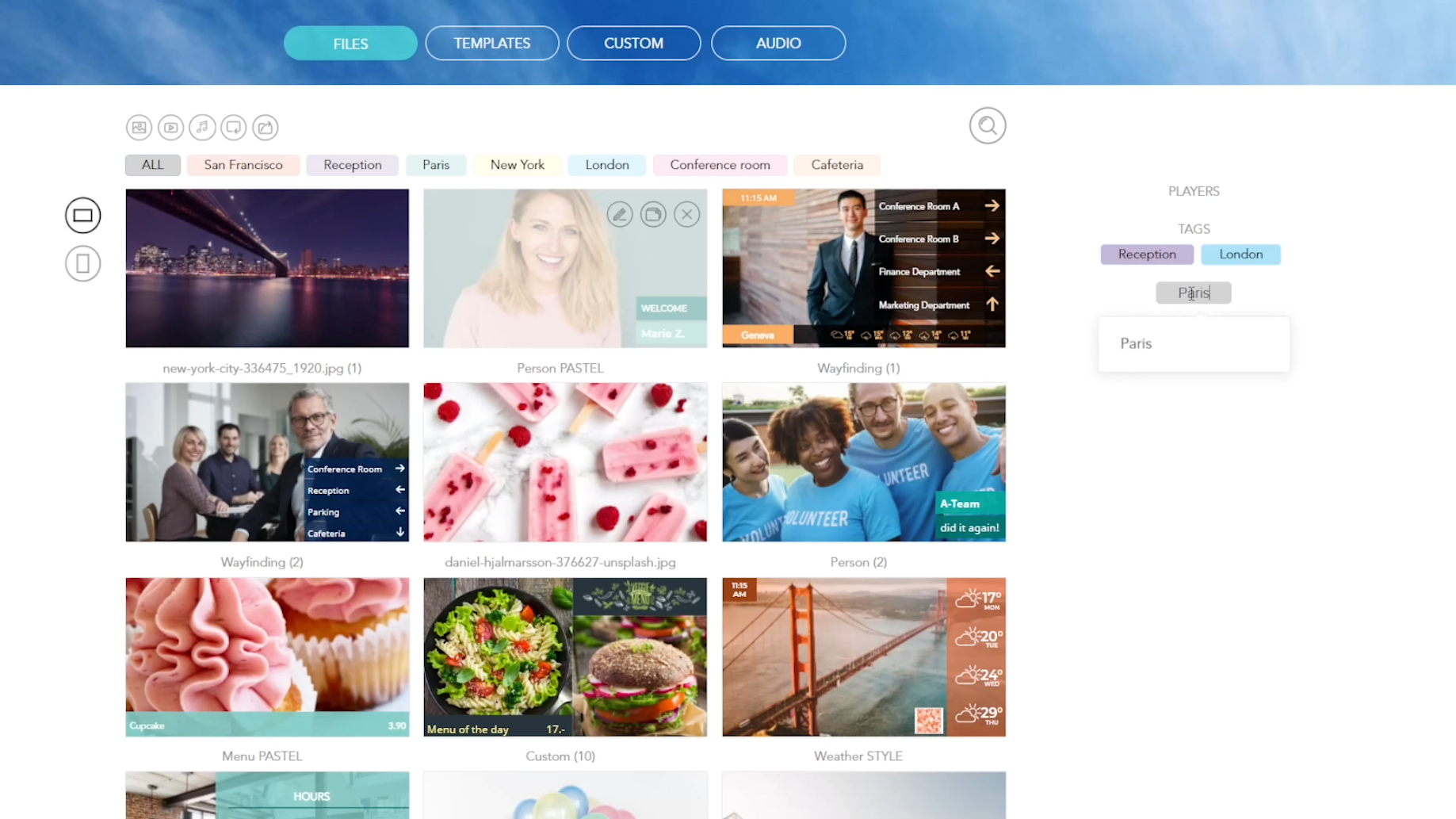SpinetiX ARYA interface – organize and filter your content with tags 