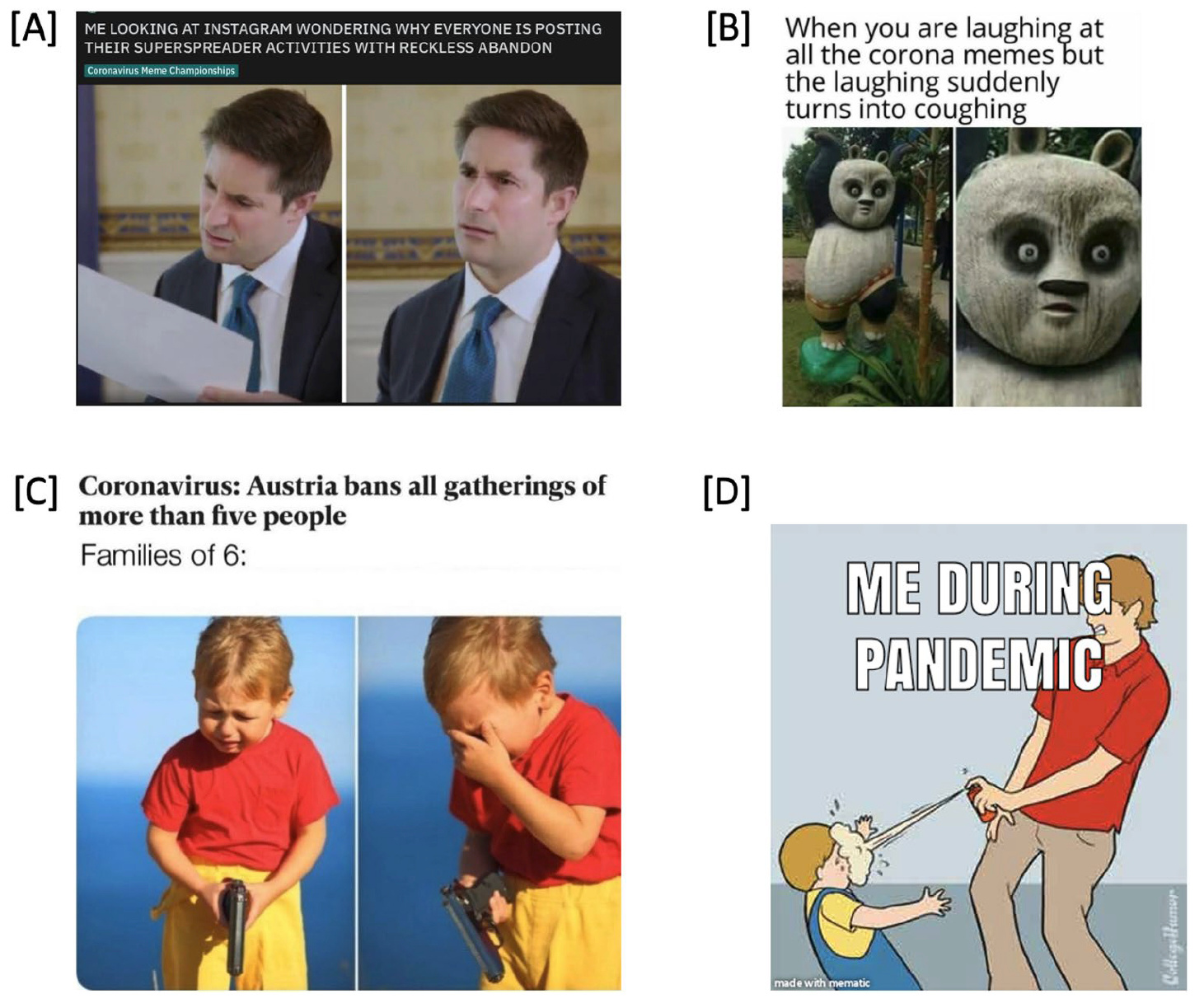 Four examples (A–D) of COVID-19 internet memes. All images used were gathered from the public domain each marked with either the Public Domain Mark 1.0 or CC0 1.0 Universal licence. No alterations were made. Title and Artist: Unknown. Image Source: Snappygoat.