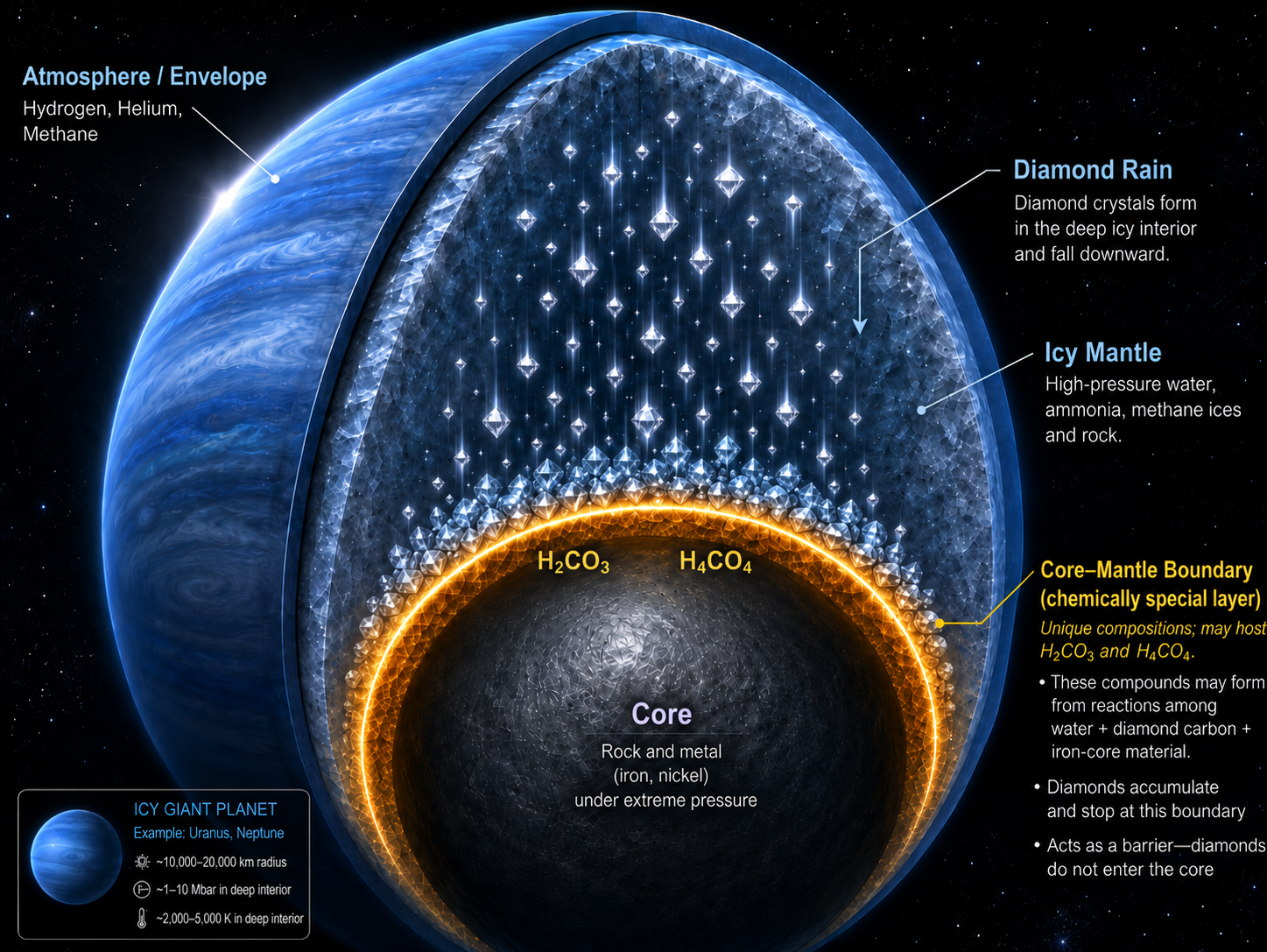Diamond rain stops at the core-mantle boundary layer made of H2CO3 and H4CO4