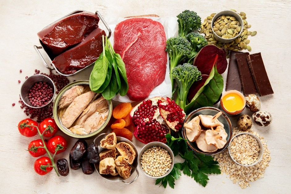 Iron rich foods including spinach, red meat, beans, broccoli, pomegranate, mushrooms