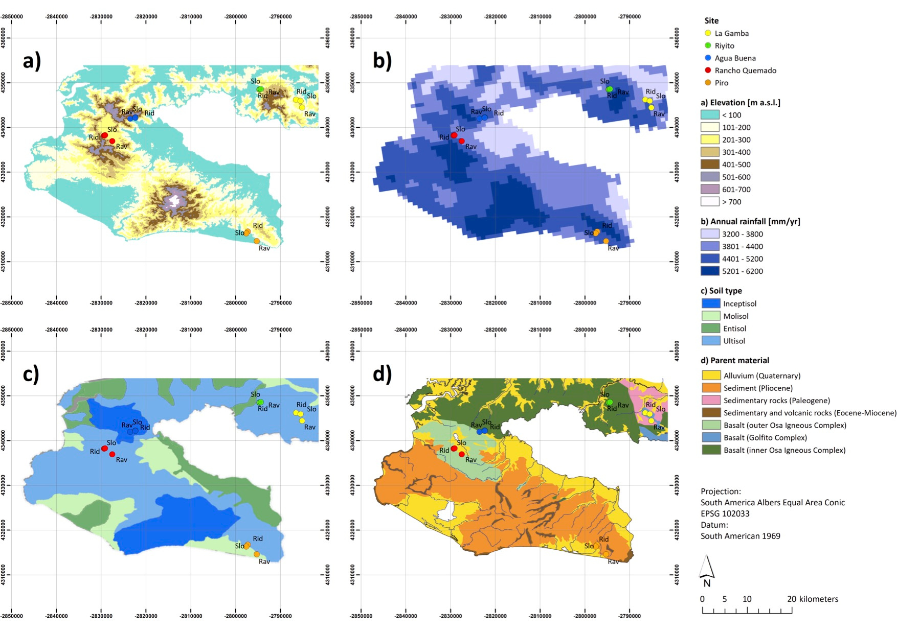 Environmental gradients and location of forest plots situated in the Área de Conservación Osa (ACOSA), southwestern Costa Rica (8°41´N, 83° 13´ W). Upper left panel (a): Elevation (m a.s.l.) based on SRTM ASTER data. Upper right panel (b): Annual rainfall (mm yr-1) based on data from Climatologies at high resolution for the earth’s land surface areas. Lower left panel (c): Soil Type based on the map presented in Taylor et al. (2015). Lower right panel (d): Parent material based on an updated regional map first presented in Buchs et al. (2009). Point colors indicate respective location of forest plots spread across the study region. Geographic locations are depicted as colored symbols, i.e. La Gamba (yellow symbols), Riyito (green symbols), Agua Buena (blue symbols), Rancho Quemado (red symbols), and Piro (orange symbols). Forest habitat types are indicated by textual abbreviations, i.e. ridge forest plots (Rid), slope forest plots (Slo), and ravine forest plots (Rav) located in the Golfo Dulce region, southern Costa Rica.