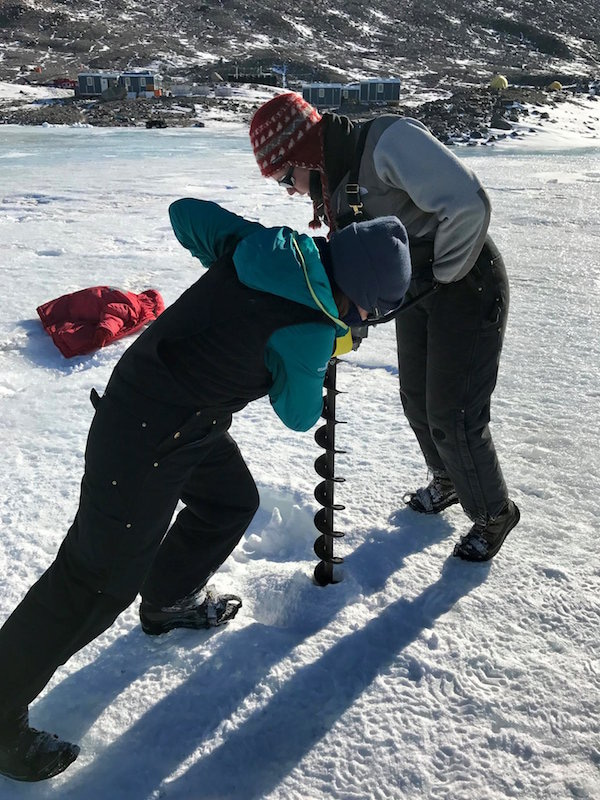 Drilling holes through 3-5m thick lake ice-cover on Lake Hoare. Drilling holes through 3-5m thick lake ice-cover on Lake Hoare.