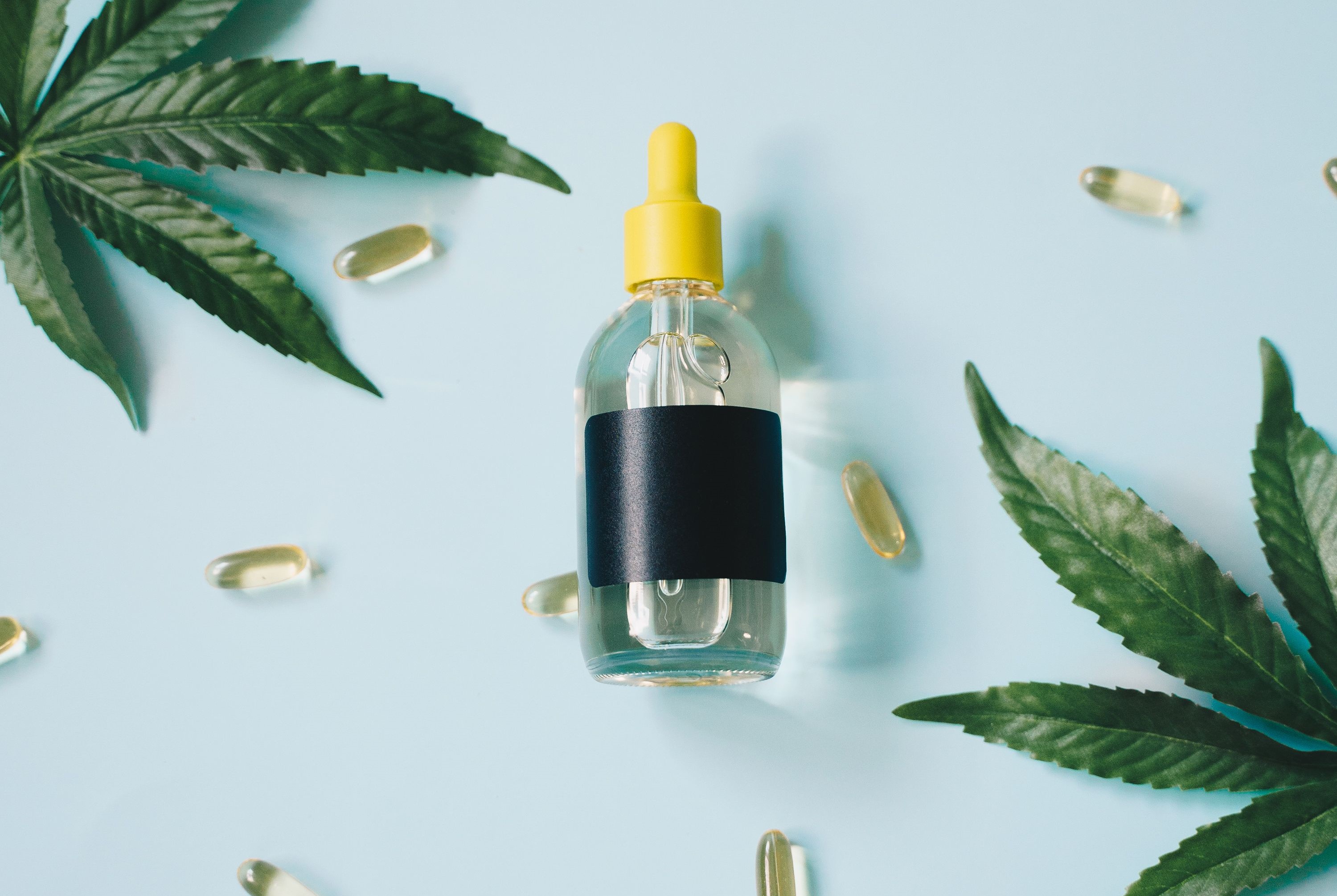 Cannabis oil surrounded by cannabis leaves and capsules