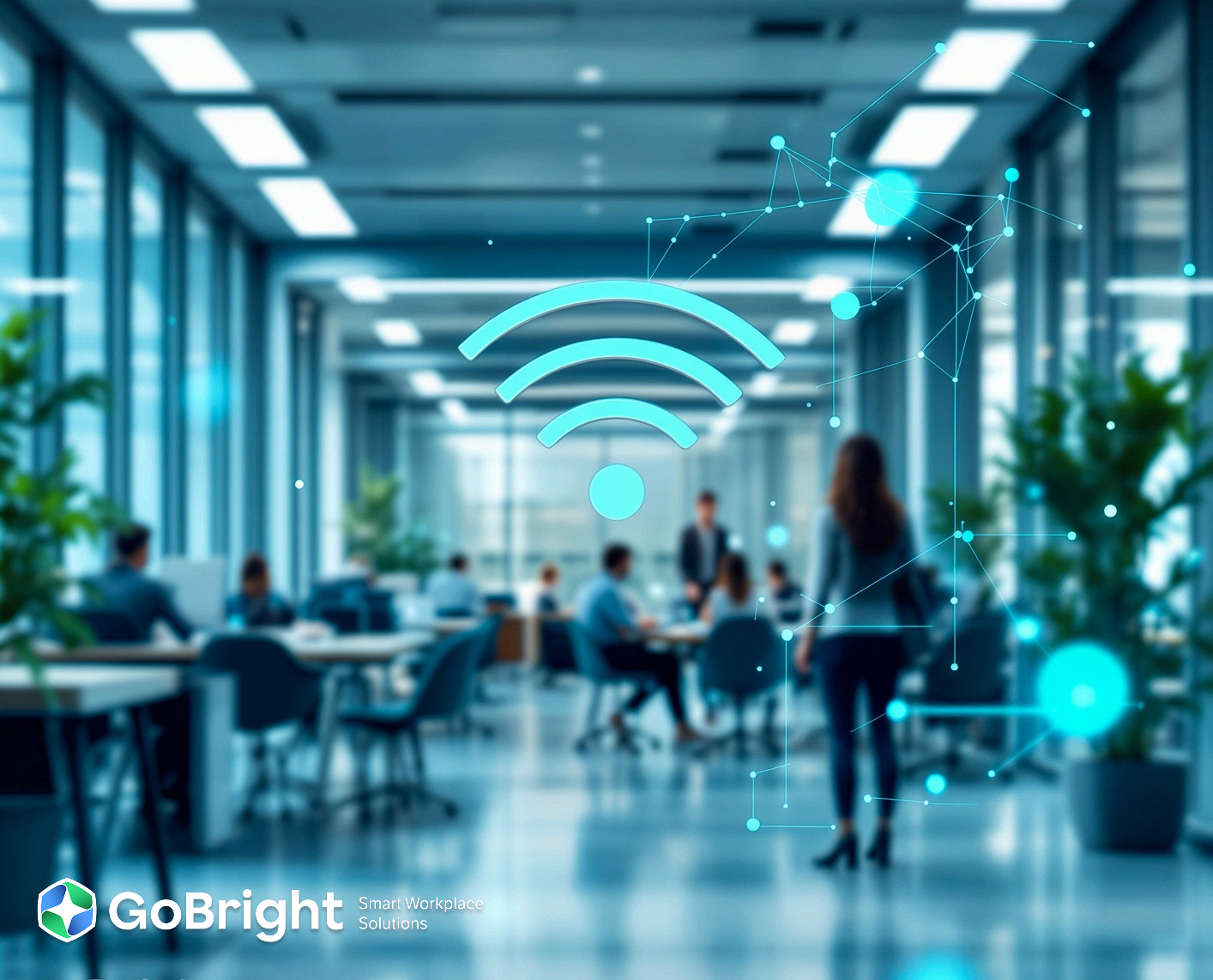 1. GoBright’s WiFi occupancy measurement solution using existing infrastructure: Office layout showing Wi Fi occupancy measurement using existing infrastructure, with desks, meeting rooms, and café areas.