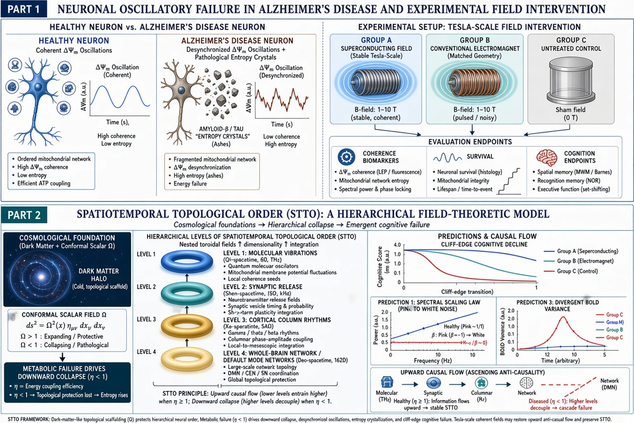 A two-part scientific diagram illustrating the Spatiotemporal Topological Order (STTO) model. Part 1 shows the neuronal oscillatory failure in Alzheimer's disease and an experimental magnetic field intervention setup. Part 2 illustrates the cosmological foundation, the four hierarchical levels of brain networks, and three testable predictions including spectral scaling and BOLD variance.