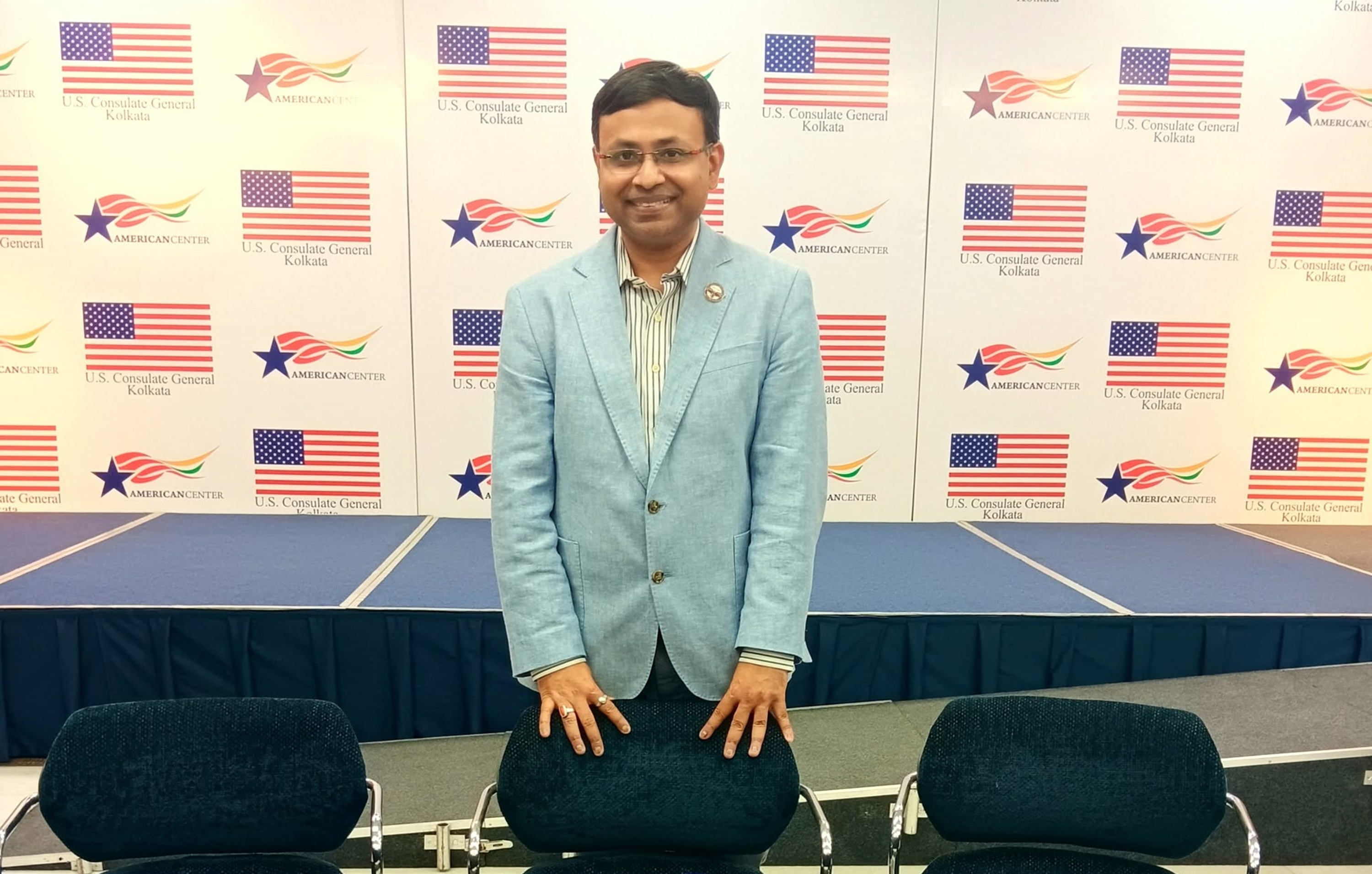 Dr. Dhar (representing a U.S. university as a faculty member) at the U.S. Consulate General in Kolkata, India.