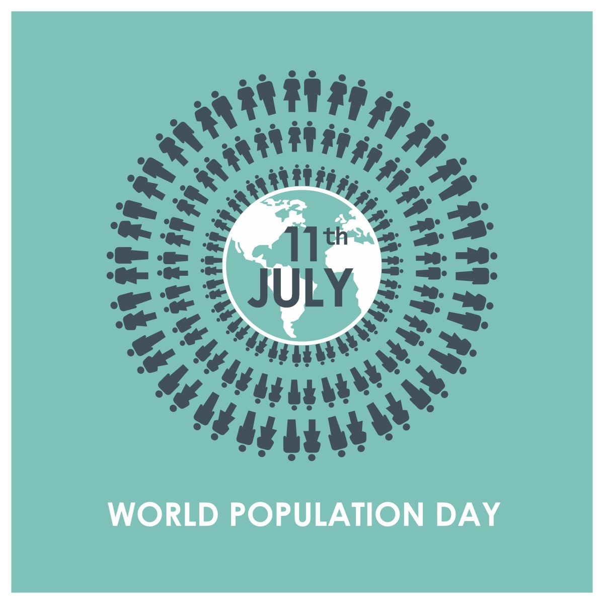 World population day logo World population day logo with drawing of planet earthin light blue tones and people joing hands all aorund it