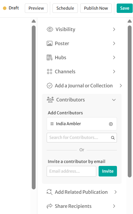 The different tabs available on the 'Create a post' page, with the 'Contributor' tab highlighted. With a search for a user named 'Rita' displayed.