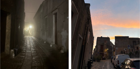 Two photos side by side, one showing a street and the other the sunrise.