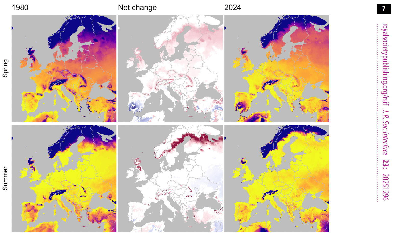 Maps showing change in tick activity across Europe between 1980 and 2024