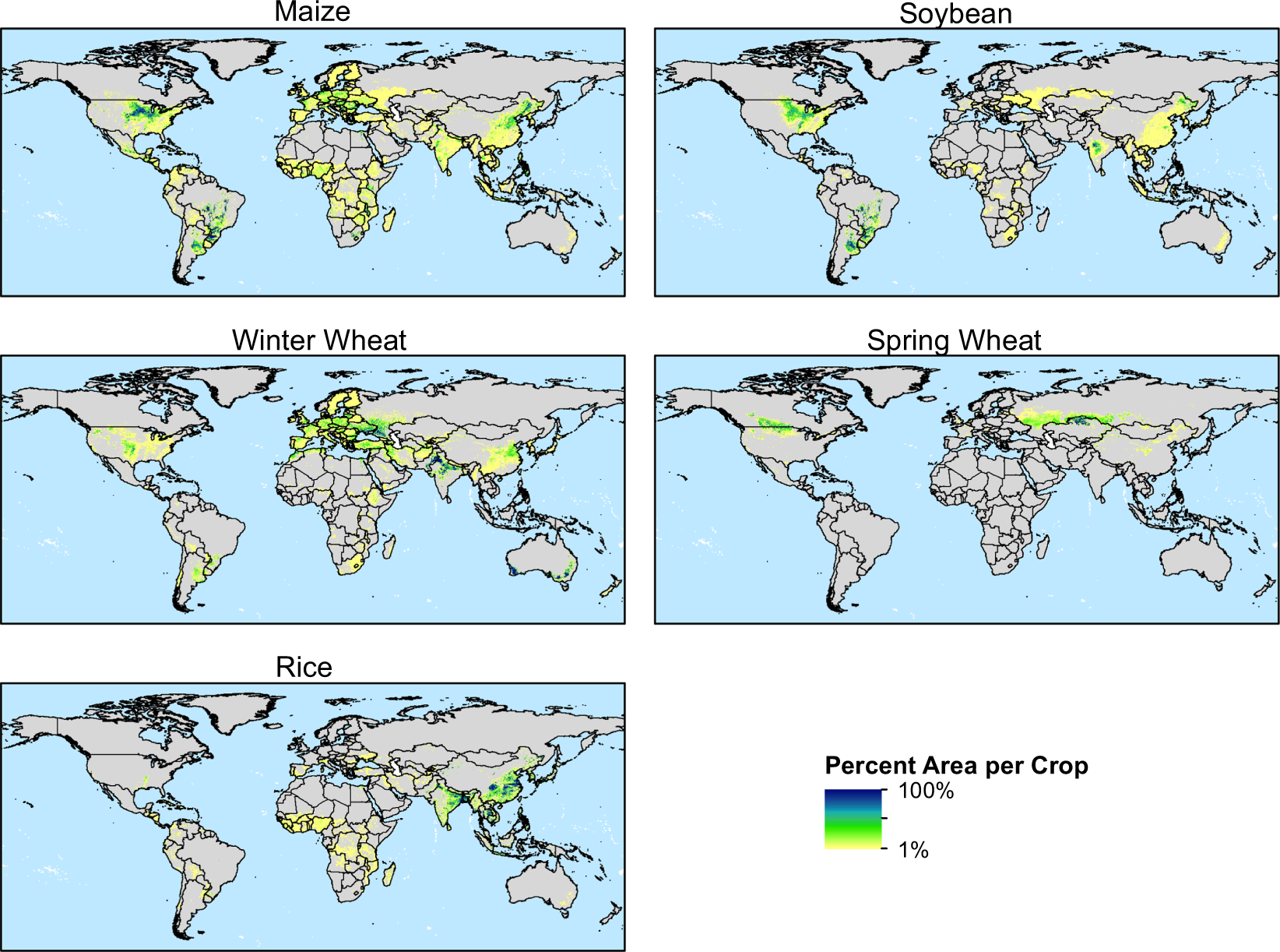 graphic showing five GEOGLAM-produced crop masks