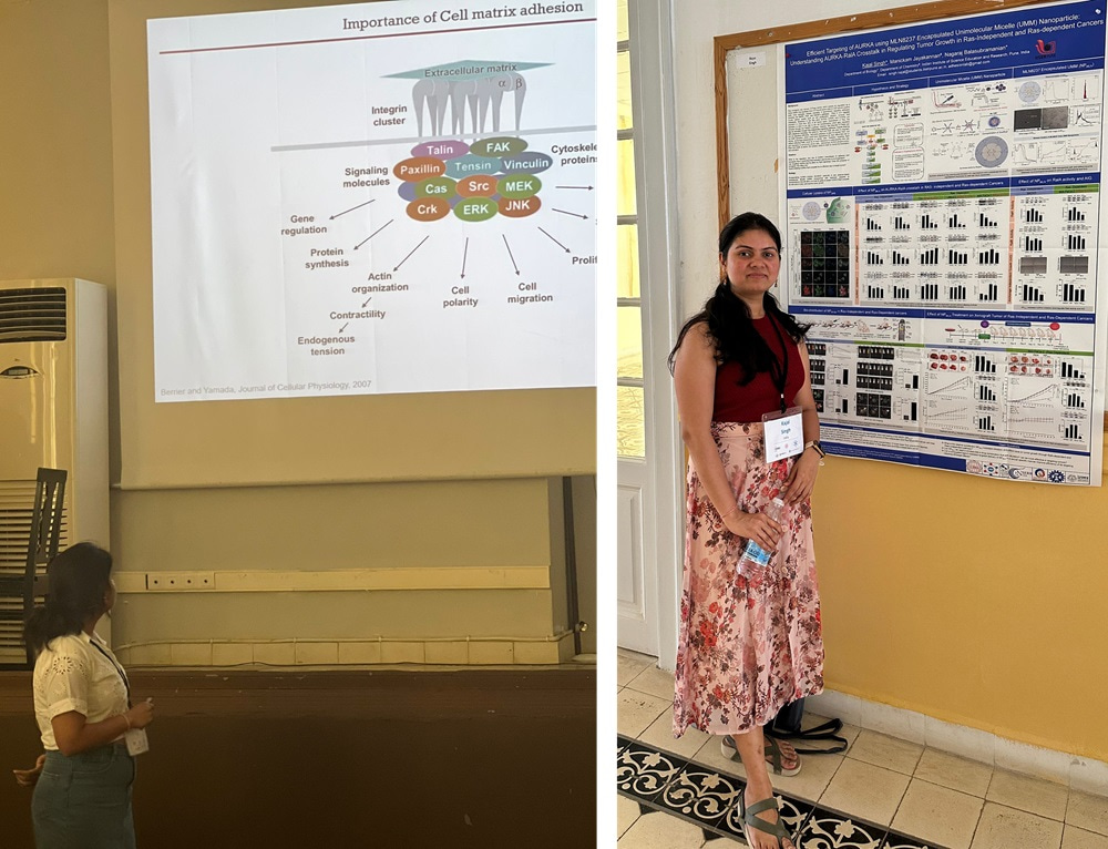 Two photos, the one on the left showing Kajal standing with her back to the audience and looking at her slides, and the one on the right showing Kajal standing next to her research poster.