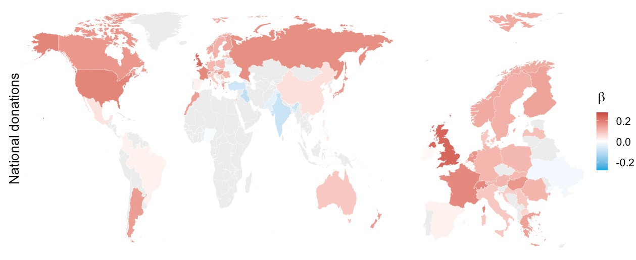 Map showing a positive relationship between age and national donations in most countries