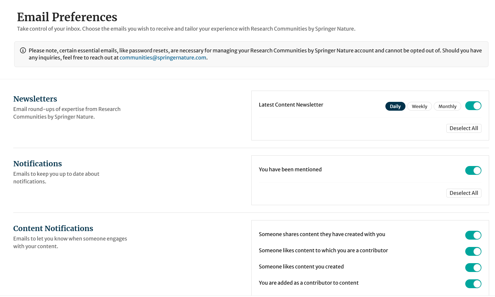 The 'Newsletters' and other Email Preferences Notifications settings options, with the ‘Latest Content Newsletter’ option set to 'daily'.