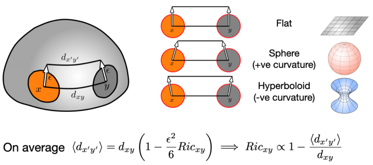 Consider two points x, y in a space. Then move x a small distance in a direction given by the white arrow. Likewise, move y in the same direction (known as parallel transport). Depending on the curvature of the space, the transported points are on average closer of further.