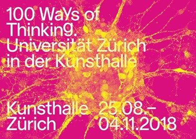 Bright poster in pink and yellow colours, with white lettering advertising the 100 Ways of Thinking exhibition at the local museum of contemporary art